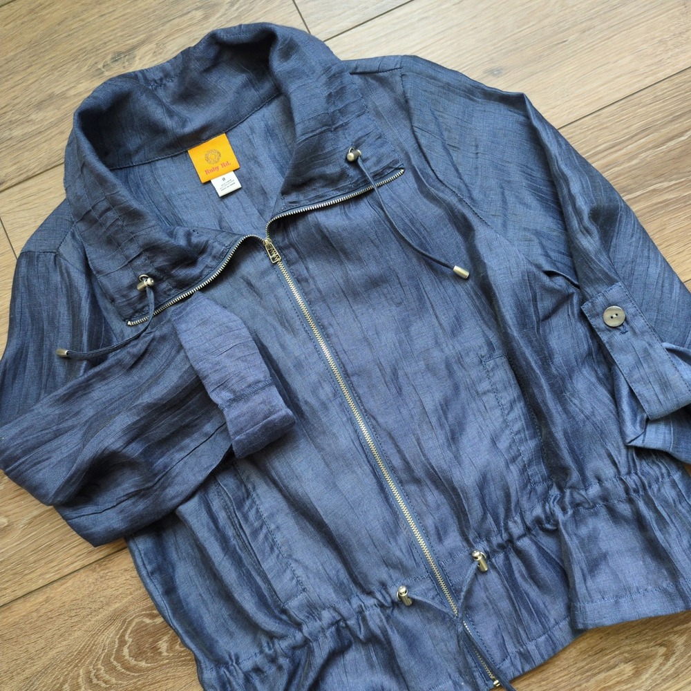 Ruby Rd Blue Linen Lightweight Jacket Zip Up Drawstring‎ Waist Roll Tab Sleeve 8